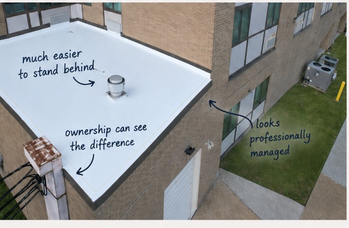 Completed white TPO roof section showing intentional detail work at penetrations