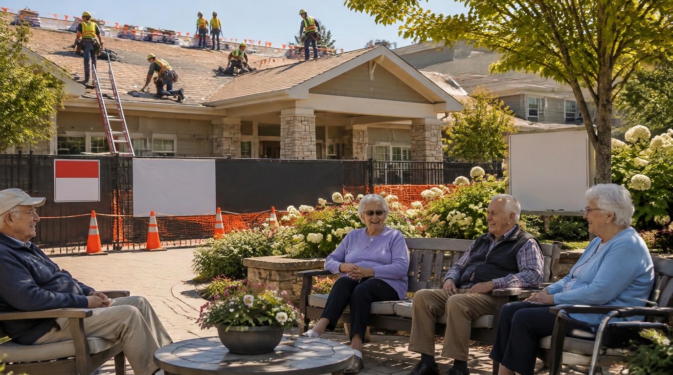 Residents sitting on benches in a senior living courtyard while a roofing crew replaces the roof overhead, behind safety fencing and cones