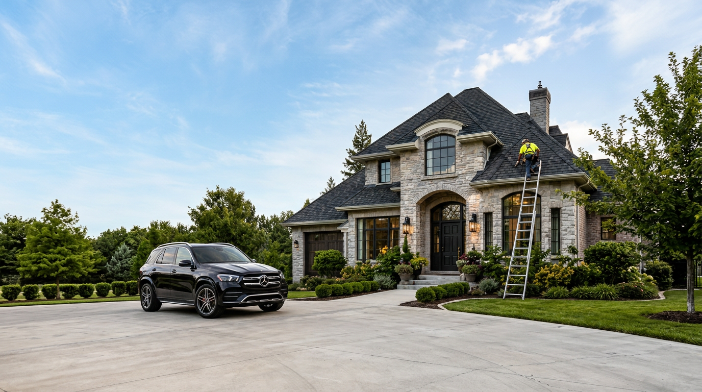 Carlos from P91 Roofing on the roof of an upscale brick-and-stone Texas home, ladder leaning against the eave — the same routine care you give your car, now for your roof